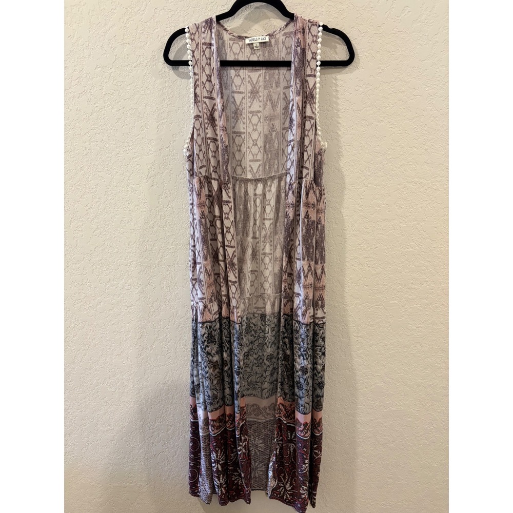 Tassels N Lace Boho Mixed Print Duster Vest Pom Pom Trim Sleeveless Maxi Large